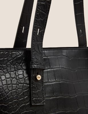 Ex M&S Tan Faux Leather Mock Croc Shoulder Carry All Shopper Tote Bag *NEW*