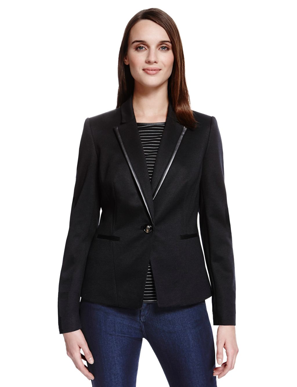 Faux Leather Trim Blazer with Wool 2 of 7