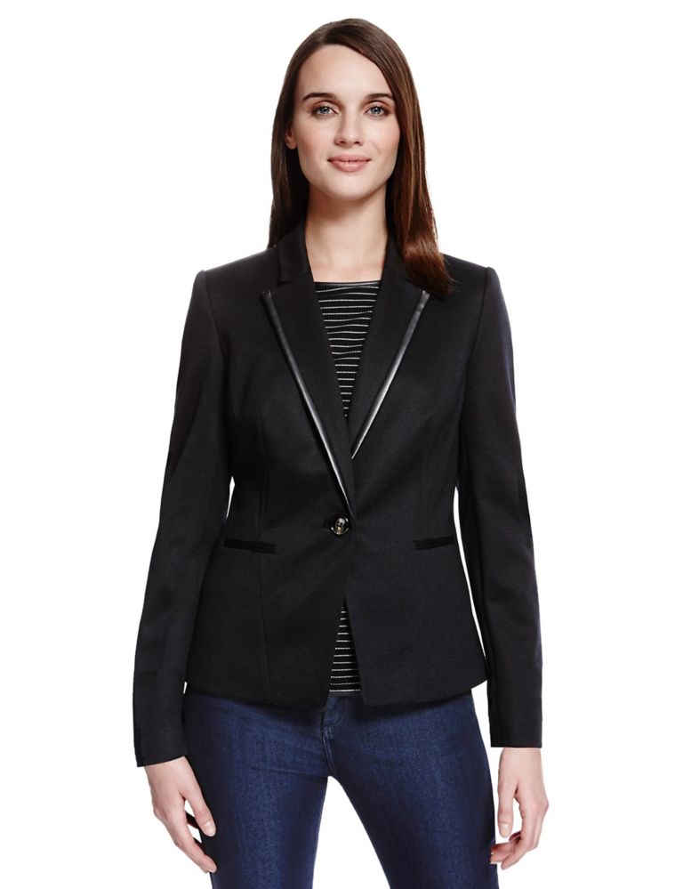 Faux Leather Trim Blazer with Wool 1 of 7
