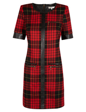 Faux Leather Trim Checked Shift Dress with Wool Image 2 of 5