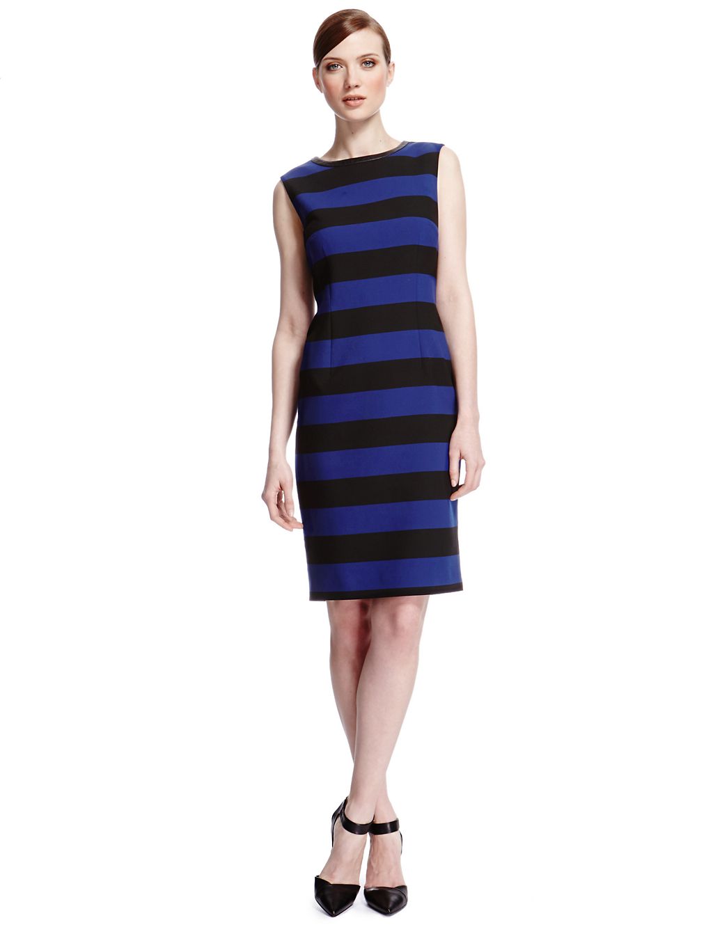 Faux Leather Trim Striped Shift Dress 2 of 6