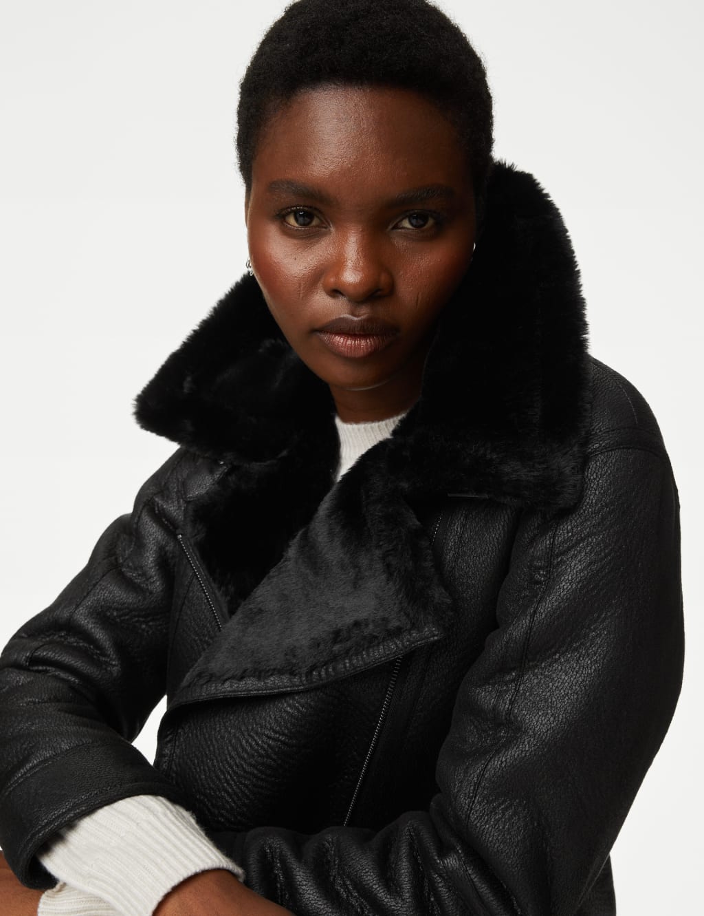 Black faux fur sleeve oversized aviator jacket top