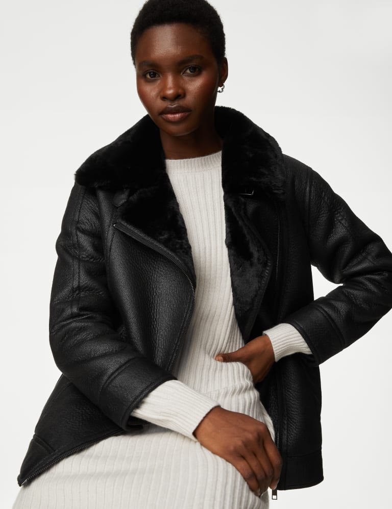 Black faux leather aviator jacket shop