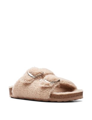 Faux Shearling Buckle Slider Slippers Image 2 of 7