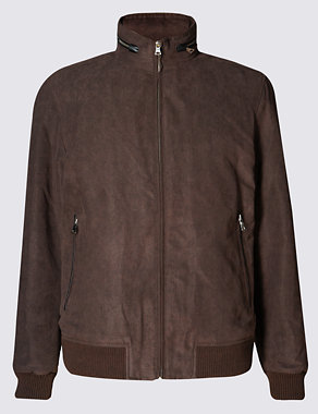 Faux Suede Bomber Jacket with Concealed Hood Image 2 of 4