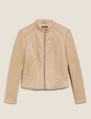 Faux Suede Collarless Biker Jacket | M&S Collection | M&S