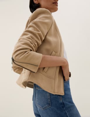 collarless faux suede jacket