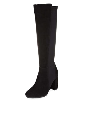 Black suede stretch knee high clearance boots