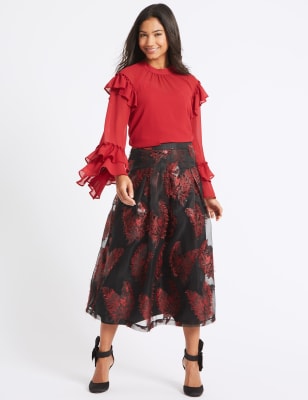 Feather Flared Jacquard A-Line Midi Skirt | M&S Collection | M&S