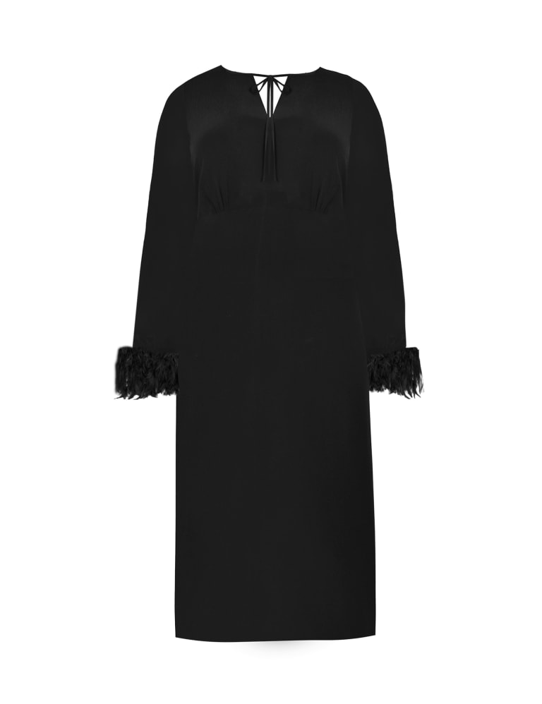 Betty Black High Neck Long Sleeve Maxi Dress with Feather Cuffs