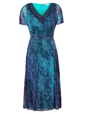 Fit & Flare Faux Snakeskin Print Belted Midi Dress Image 2 of 7