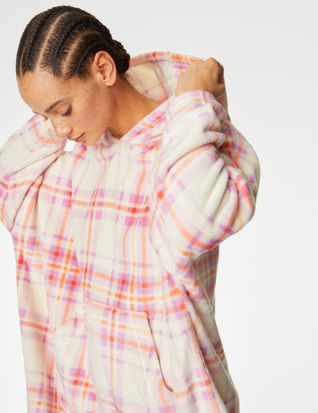 Fleece Checked Oversized Hoodie M S Collection M S