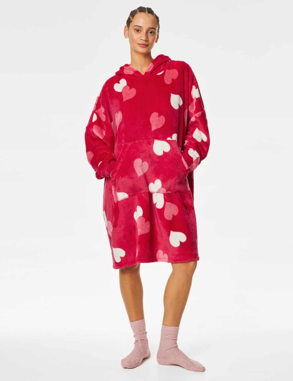 Fleece Heart Print Oversized Hoodie M S Collection M S