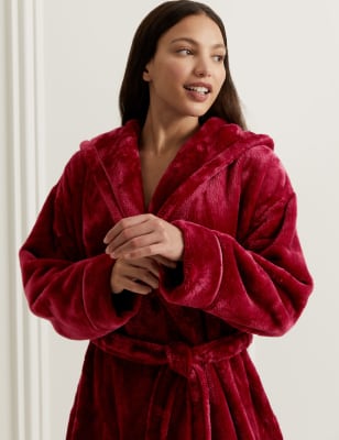 Red fluffy dressing discount gown with hood