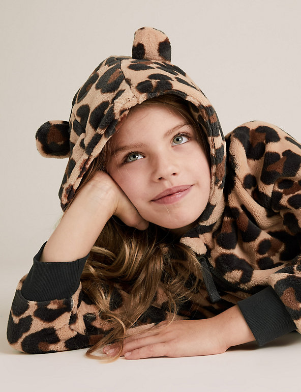 Dannii Matthews Ladies Leopard Print Hooded Onesie All-in-One Fleece Jumpsuit Nightwear Pyjamas Small 