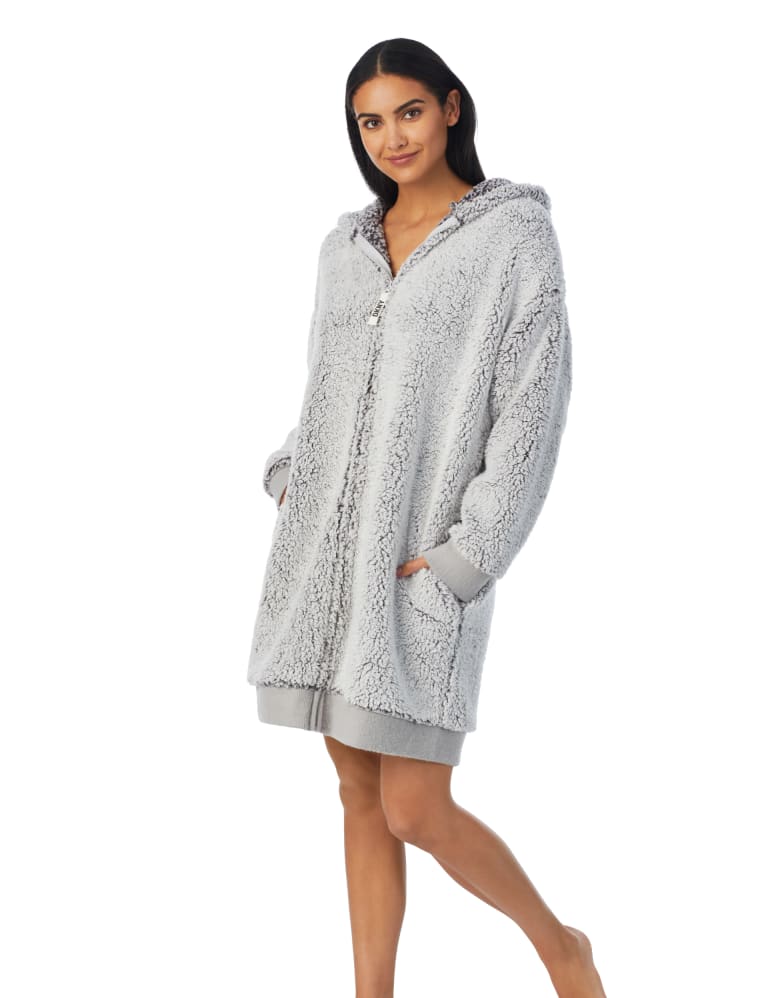 Fleece Long Sleeve Hooded Zip Up Short Robe DKNY M S