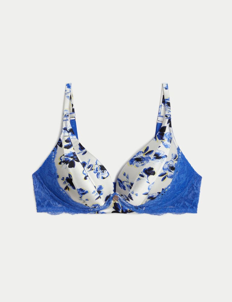 M&S ROSIE Blue Mix Satin 44% Silk Floral Bra Underwired & Padded Plunge Bra  32D