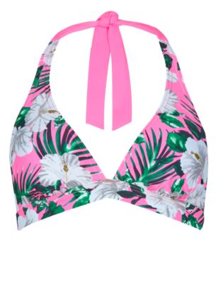 Floral & Leaf Print Halterneck Triangle Padded Bikini Top Image 2 of 4