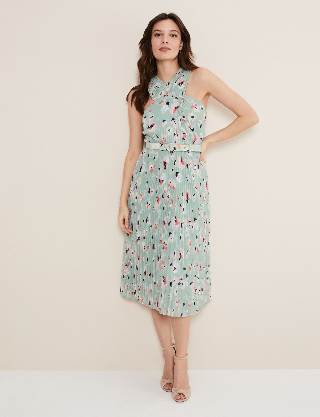 Floral Belted Pleated Midi Waisted Dress 3 of 5