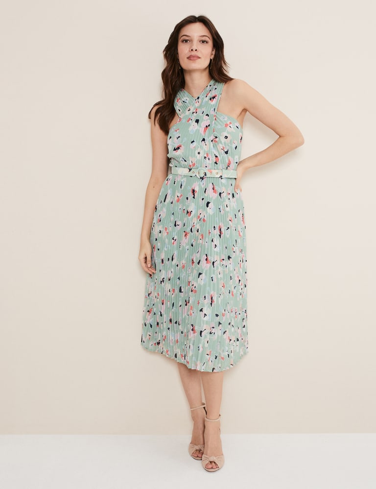 Belted pleated dress hotsell