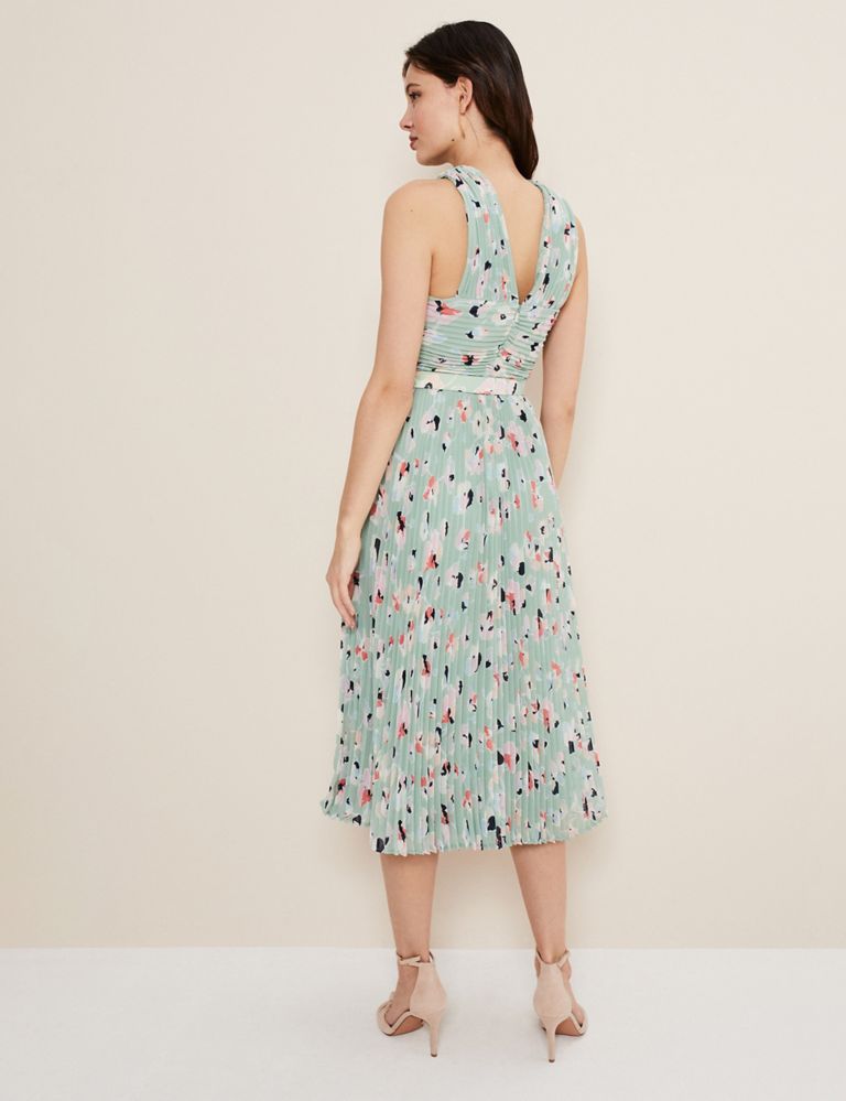 Floral Belted Pleated Midi Waisted Dress 4 of 5