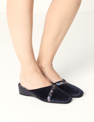 Women/'s Ex MNS Floral Braid Wedge Heel Mule Slippers Shoes Navy UK 5 7 6