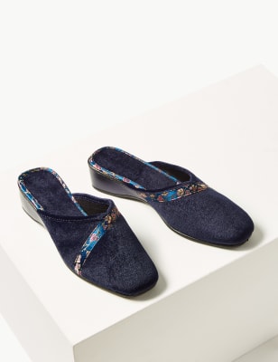 Women/'s Ex MNS Floral Braid Wedge Heel Mule Slippers Shoes Navy UK 5 7 6