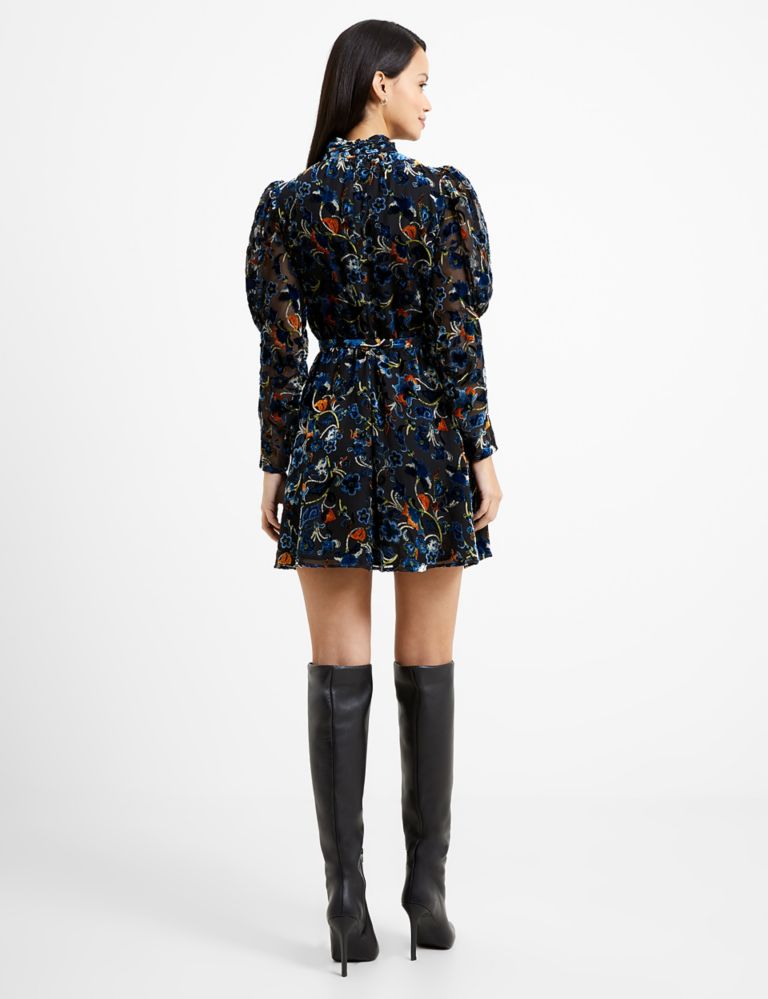 Floral Burnout High Neck Mini Waisted Dress, French Connection