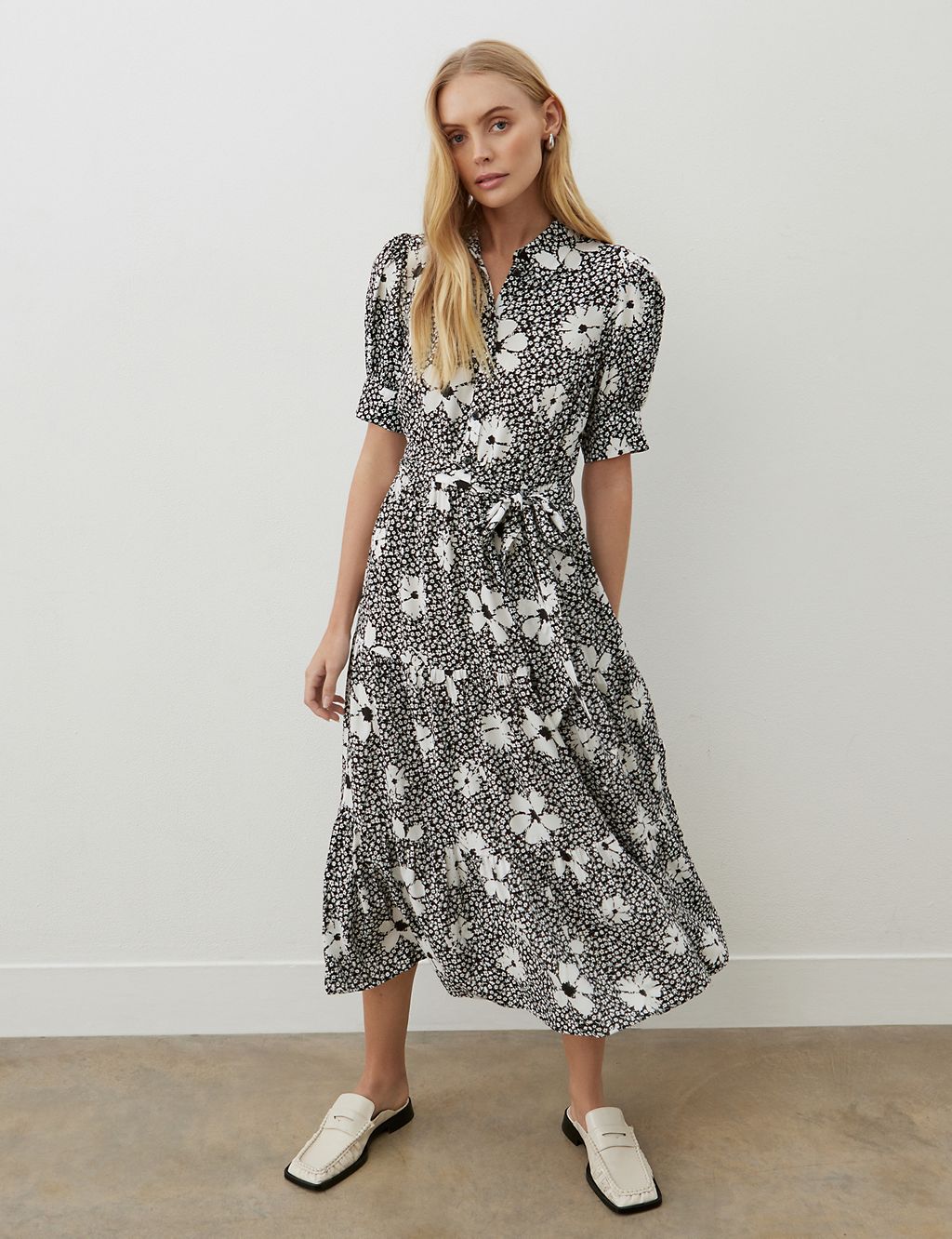 Floral Collared Tie Waist Midi Tiered Dress 3 of 5