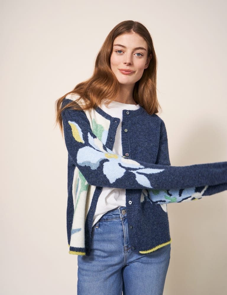 Floral Crew Neck Button Front Cardigan
