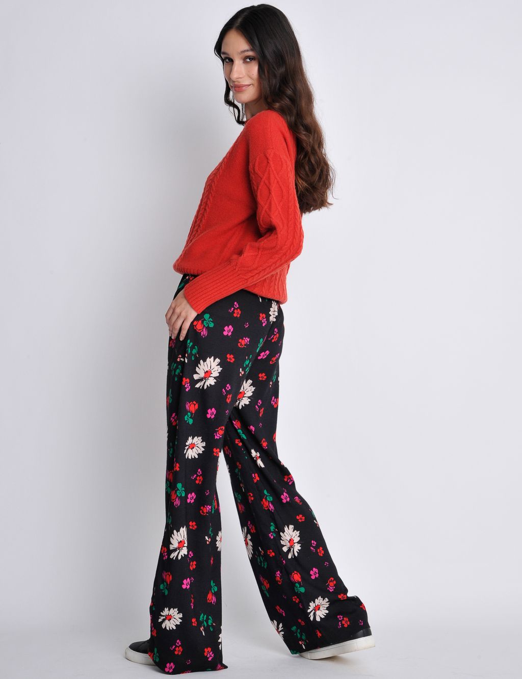 Red Floral Print Wide Leg Trousers
