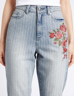 Mom jeans with embroidered sales flowers