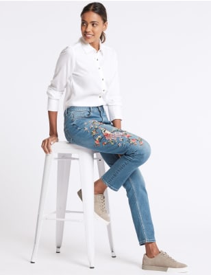 Floral Embroidered Mid Rise Jeans, M&S Collection