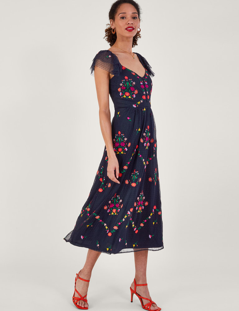 Floral Embroidered Midi Tea Dress