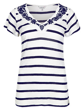 Floral Embroidered Neckline Striped T-Shirt Image 2 of 5