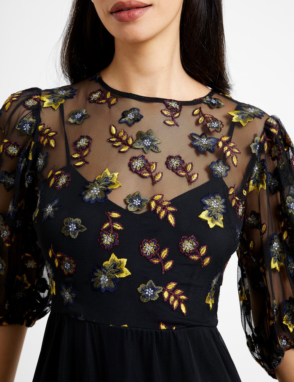 Floral Embroidered Ruffle Midi Tea Dress | French Connection | M&S