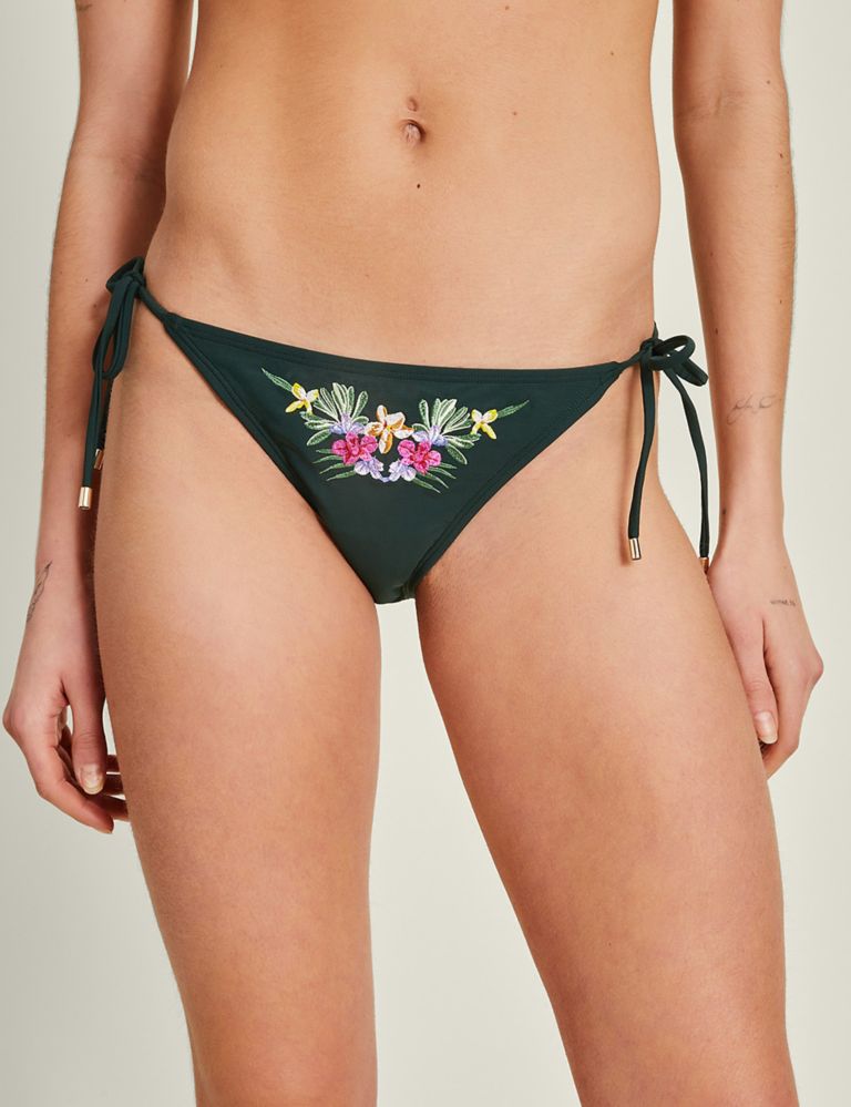 Floral Embroidered Tie Side Bikini Bottoms 1 of 4
