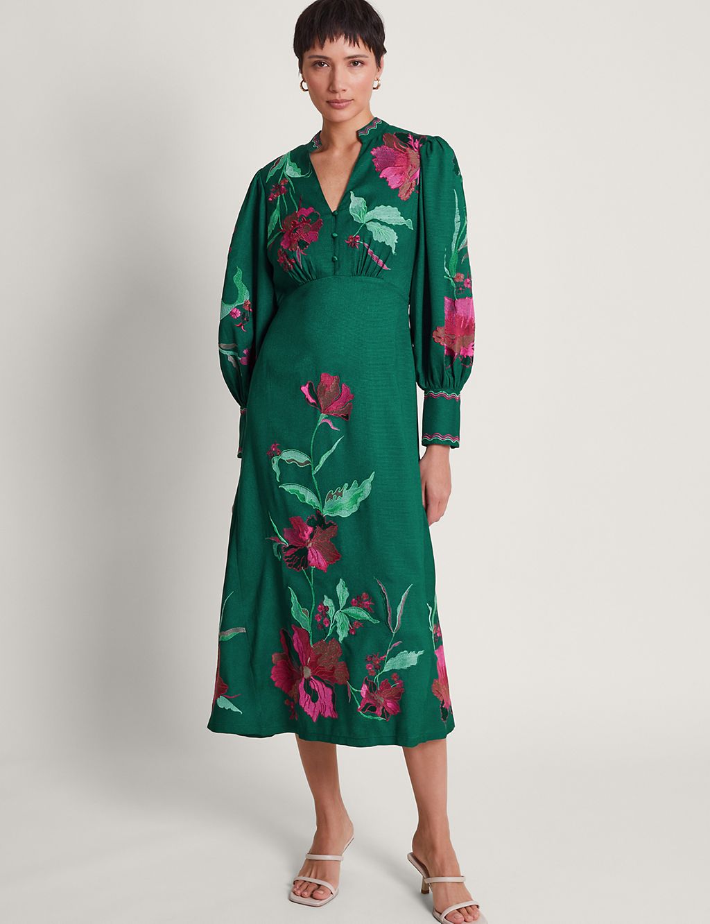 Floral Embroidered V-Neck Midi Waisted Dress 3 of 5