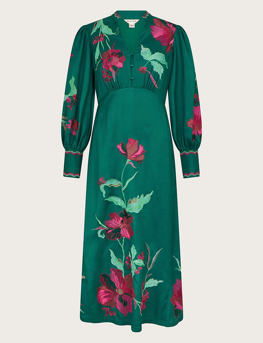 Floral Embroidered V-Neck Midi Waisted Dress 1 of 5