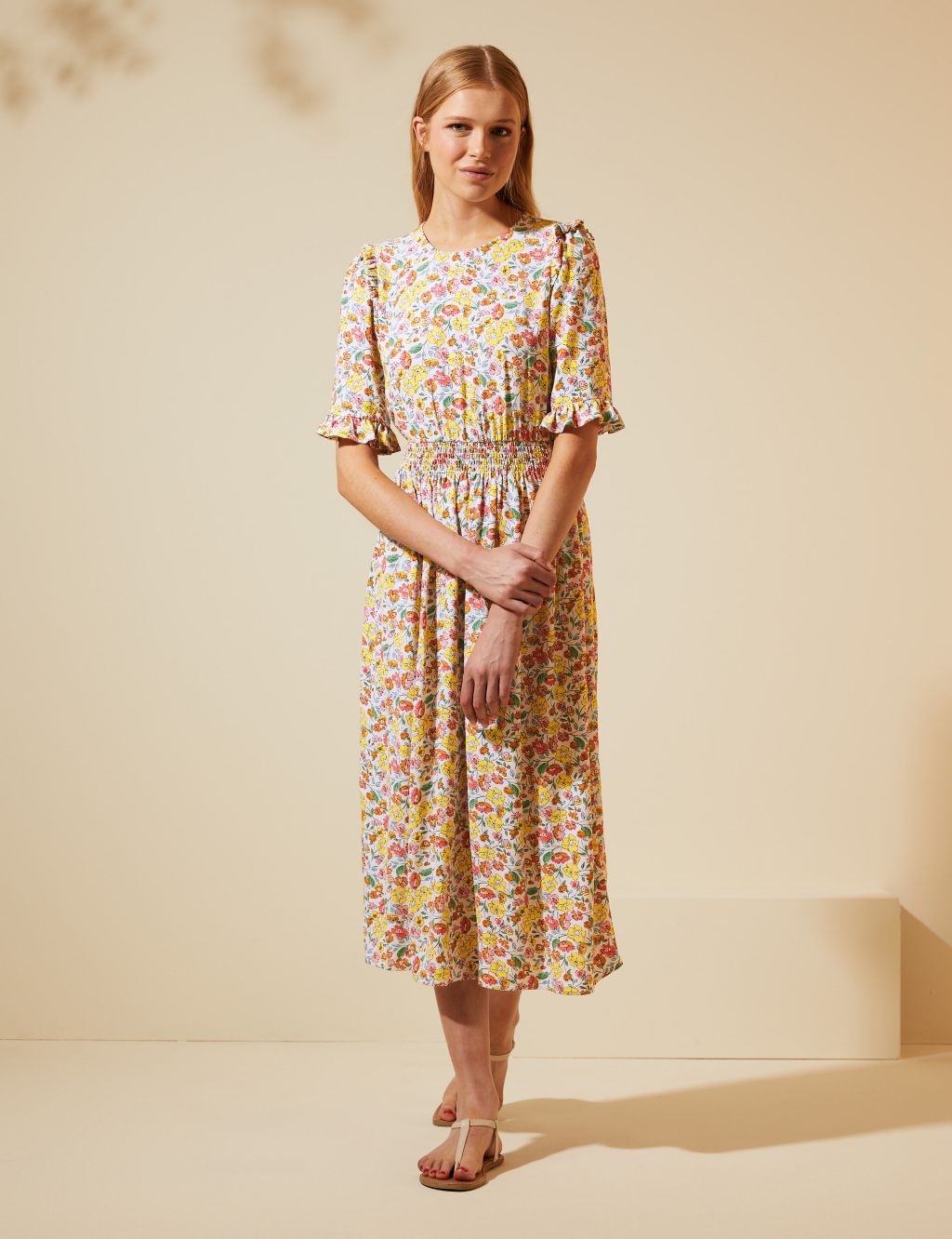 Floral Frill Detail Shirred Midi Tea Dress | M&S X GHOST | M&S