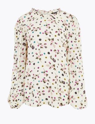 Floral Frill Neck Long Sleeve Blouse Image 2 of 6