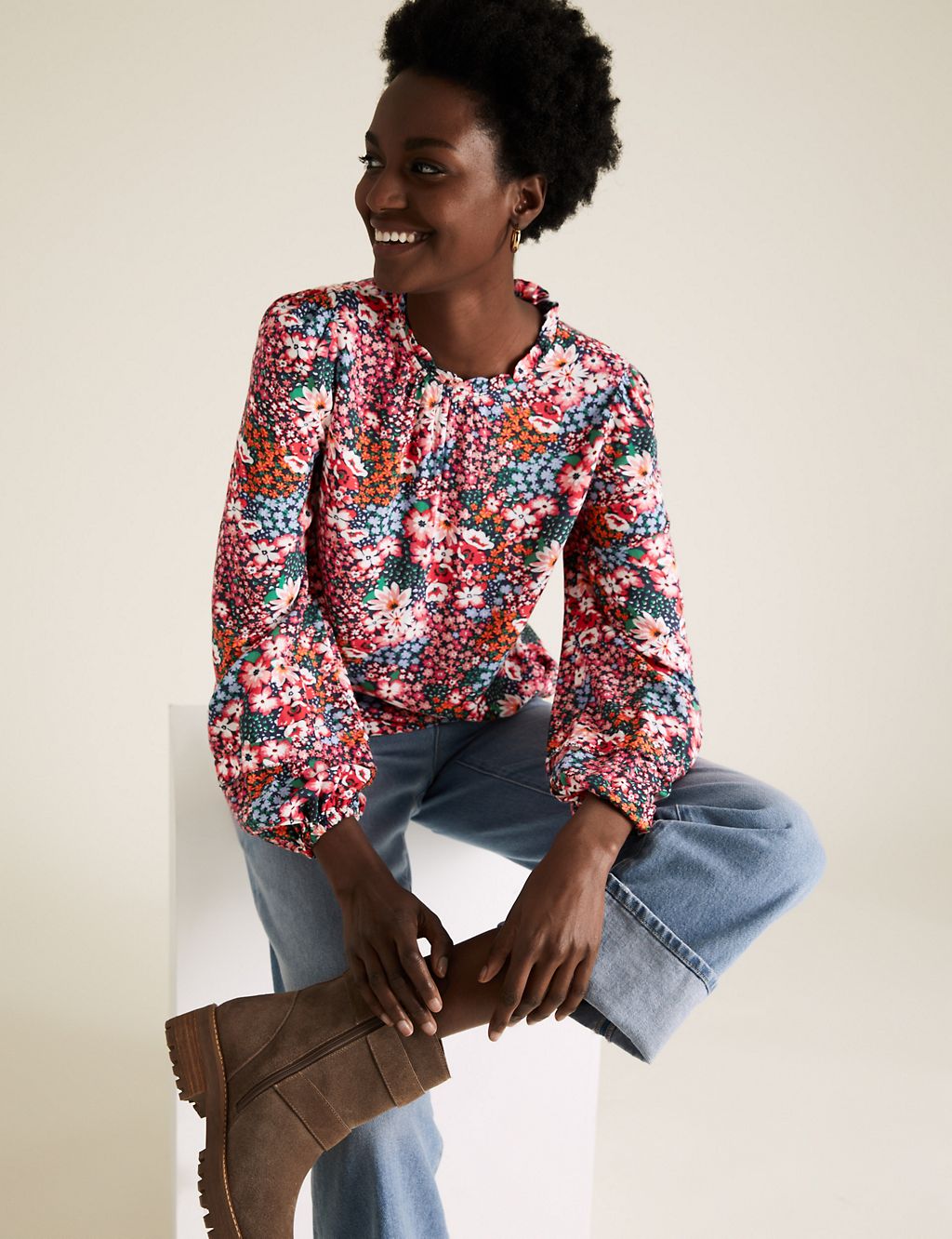 Floral Frill Neck Long Sleeve Top 3 of 5