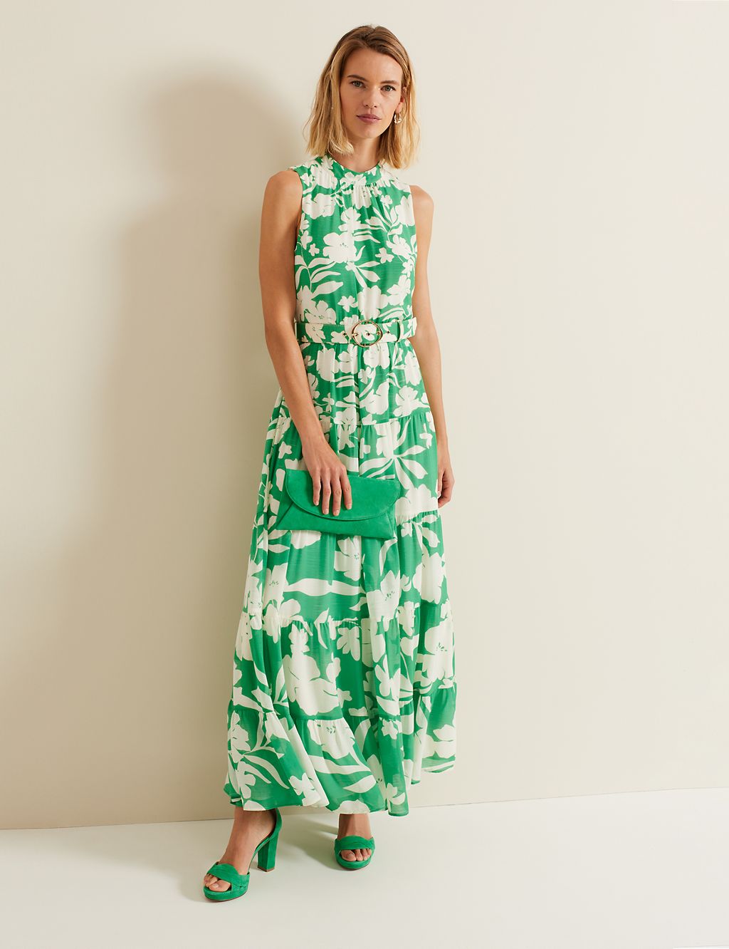 Floral High Neck Belted Maxi Tiered Dress 3 of 8