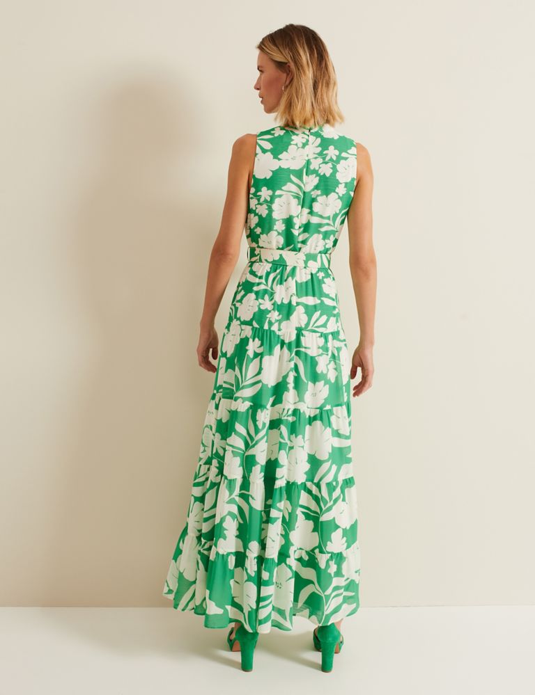 Floral High Neck Belted Maxi Tiered Dress 3 of 8