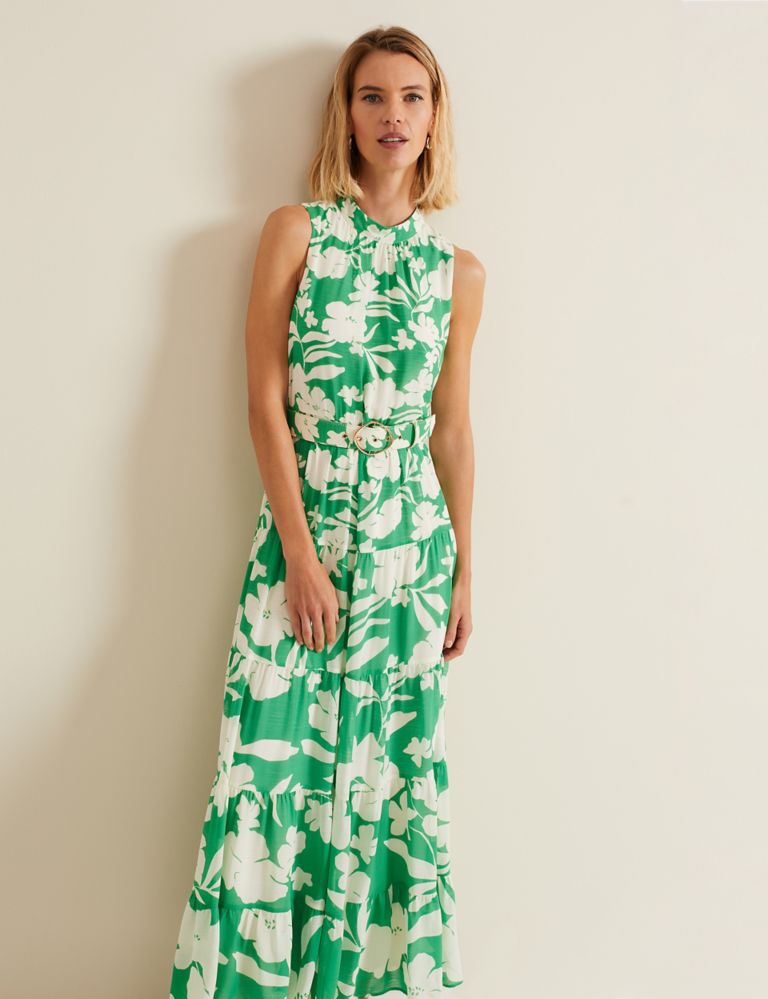 Floral High Neck Belted Maxi Tiered Dress 4 of 8