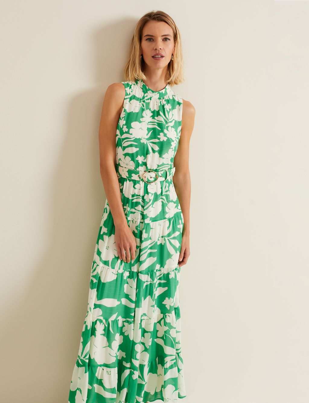 Floral High Neck Belted Maxi Tiered Dress 7 of 8