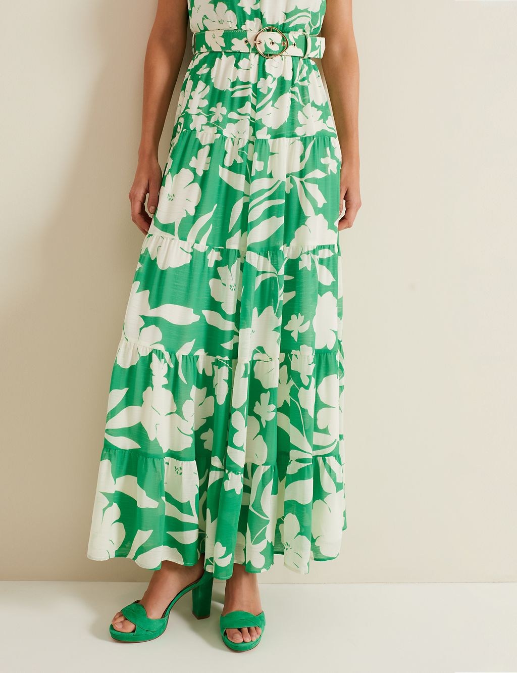 Floral High Neck Belted Maxi Tiered Dress 5 of 8