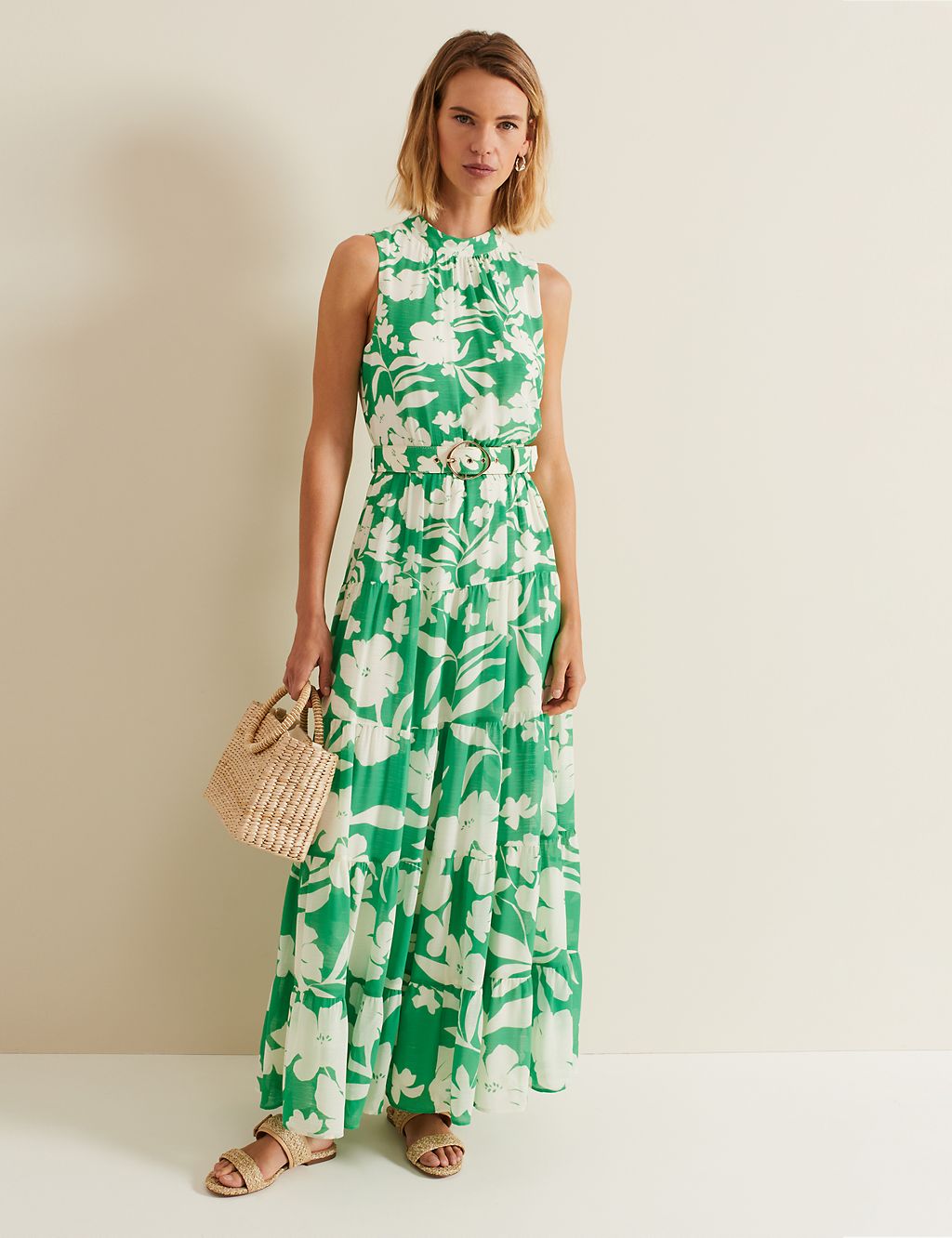 Floral High Neck Belted Maxi Tiered Dress 6 of 8