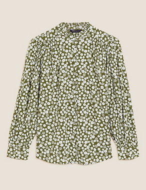 Floral High Neck Pintuck Long Sleeve Blouse Image 2 of 6