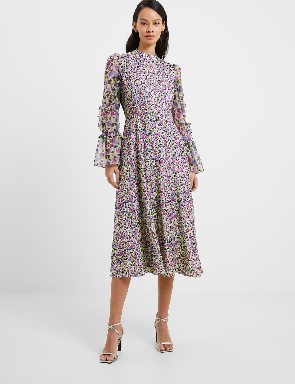 Floral High Neck Ruffle Midi Tea Dress French Connection M S